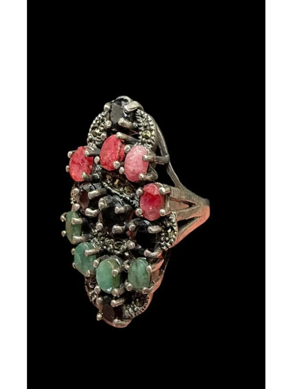 Vintage 925 Art Deco Marcasite Ring Multi Gemstone Ruby Emerald Sapphire